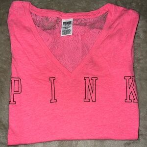 PINK Victoria's Secret Bright Pink Lace V-Neck Tee